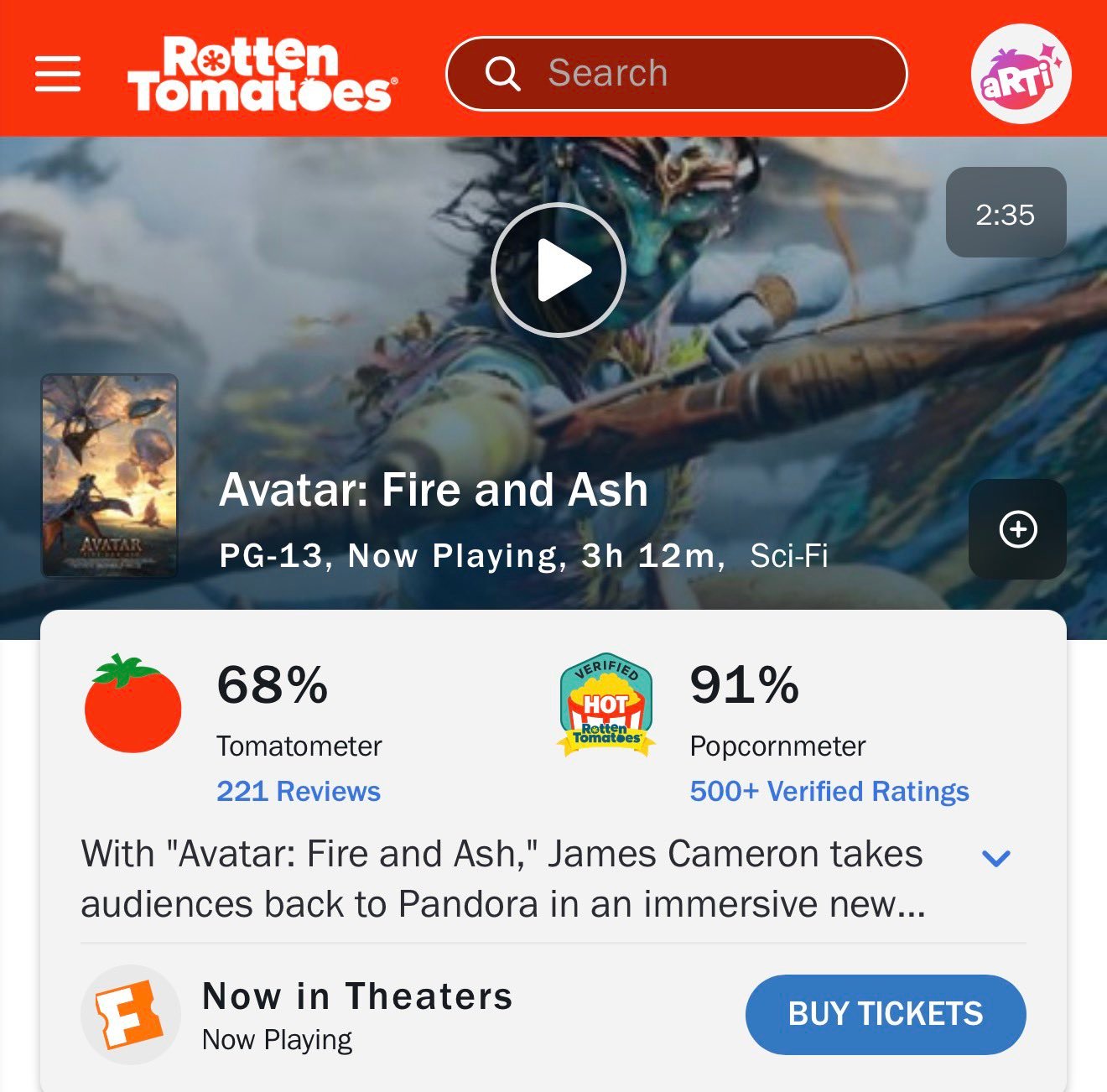 《阿凡达3》观众仍然喜爱！！！在烂番茄上观众爆米花指数91%，IMDb上评分7.