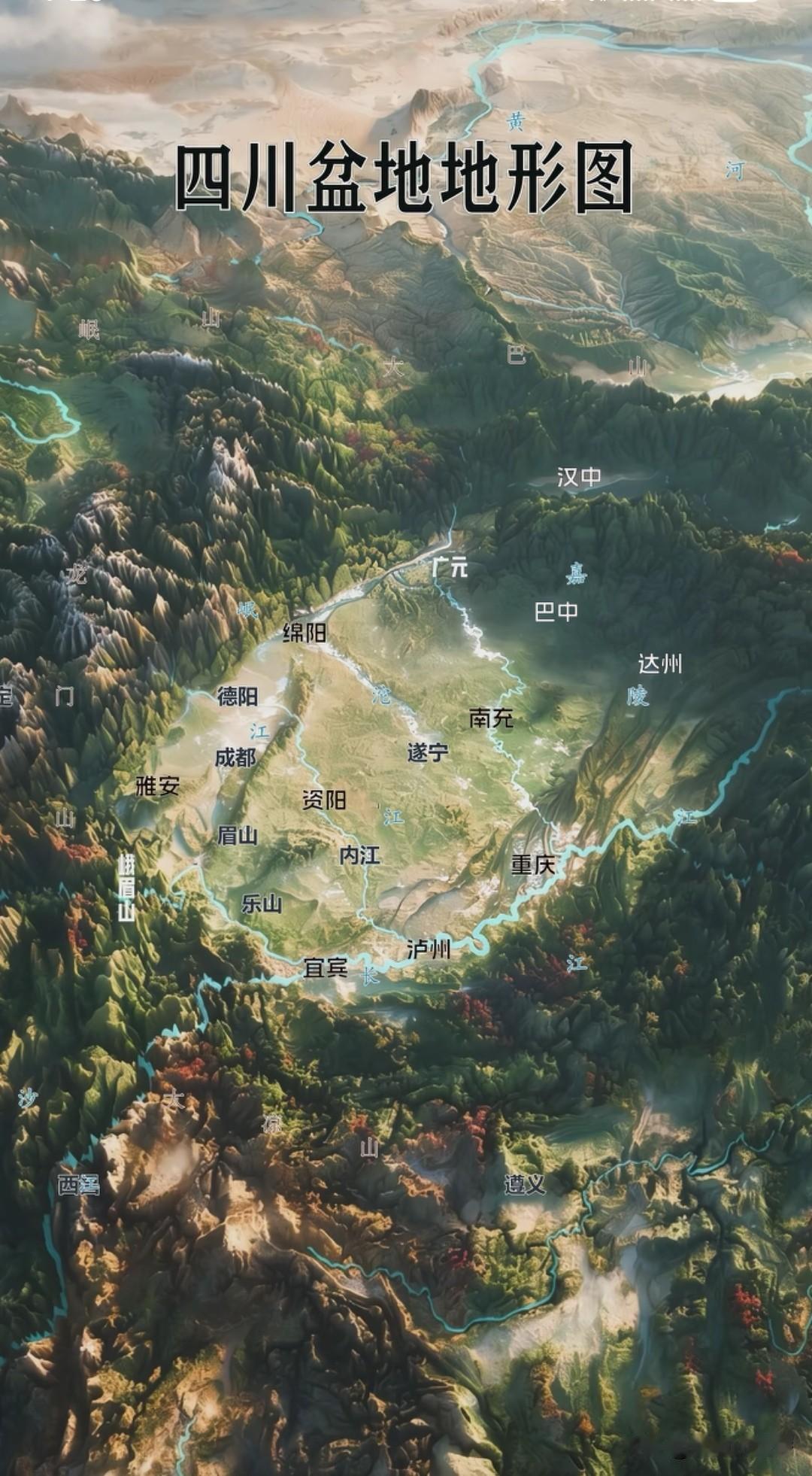 四川盆地立体地形图，一眼便能读懂这片土地独有的地理密码。四面群山围合，中间沃野平