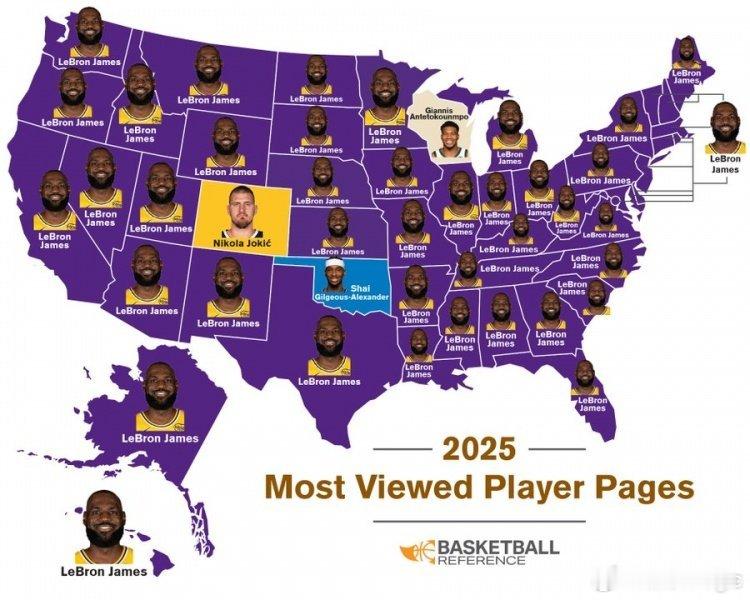 数据网站BBR显示，其网站今年各州被浏览次数最多的球员分别是：詹姆斯（47个州）