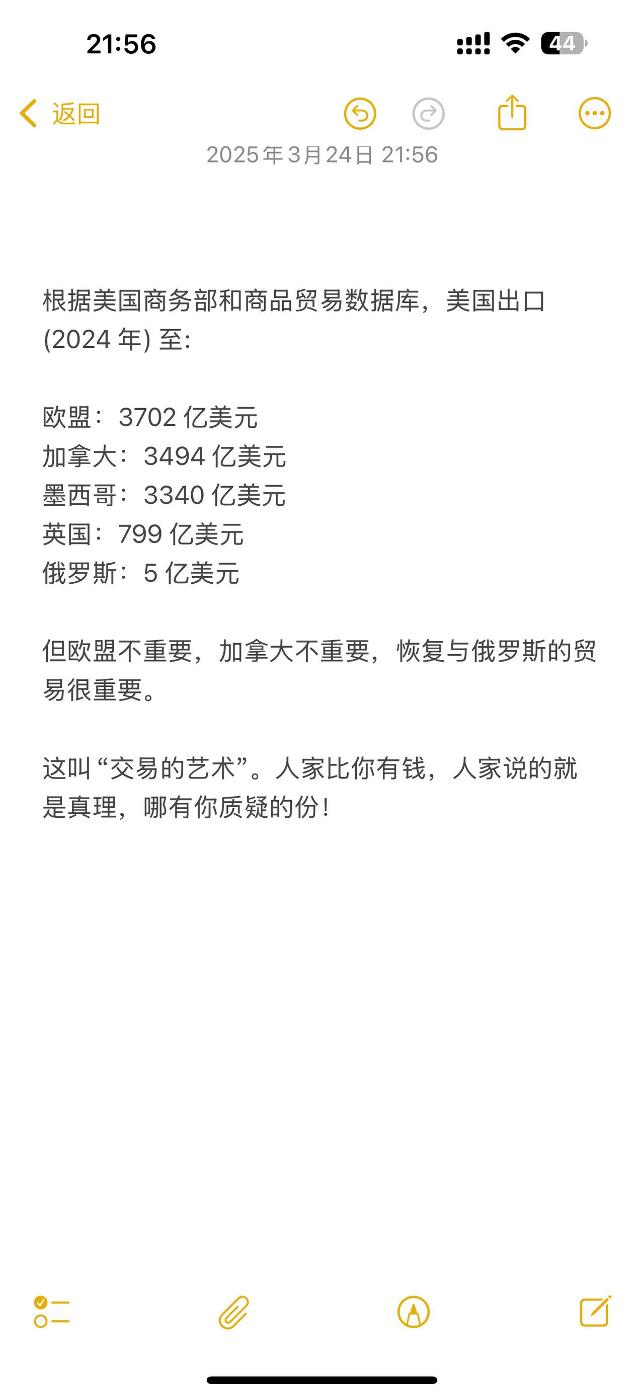 根据美国商务部和商品贸易数据库，美国出口 (2024 年) 至:

欧盟：370