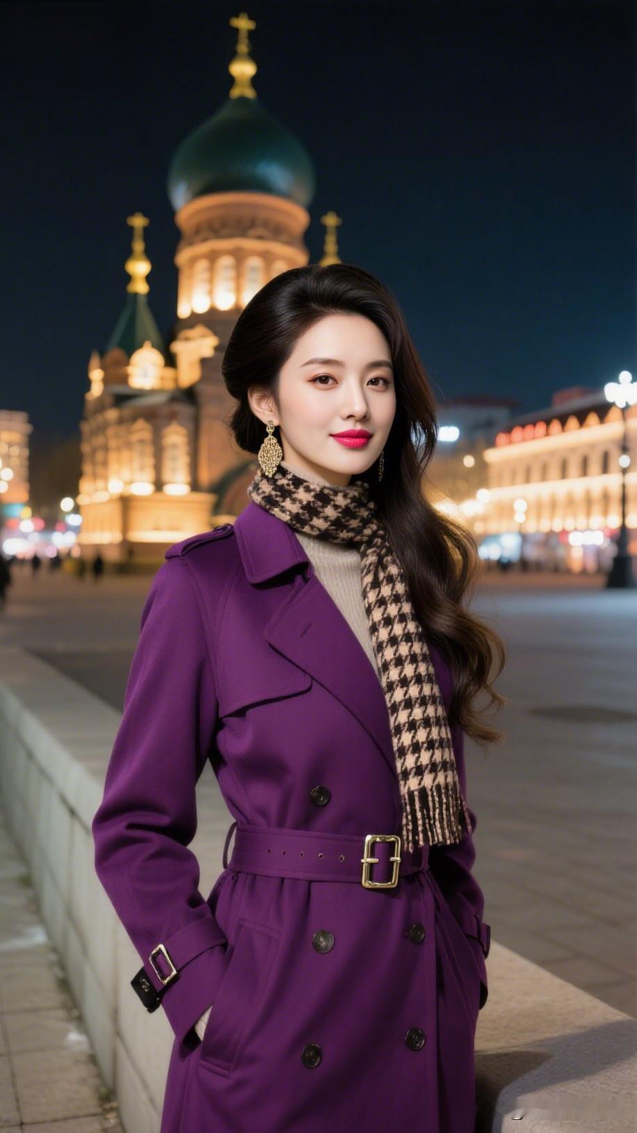 夜色中的优雅穿搭，紫色大衣搭配复古围巾，尽显都市女性魅力。用镜头记录生活的美