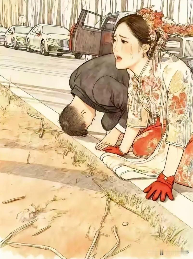 婚车在静谧的路边悄然停下。
前方墓园的轮廓于晨霭中隐隐浮现。新娘轻提婚纱，朝着父