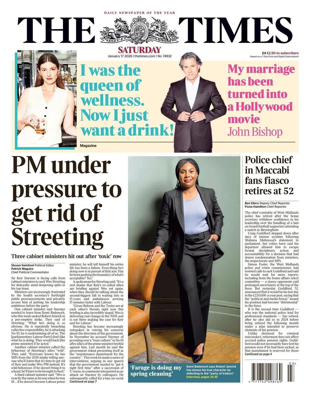 据《泰晤士报》报道，照片显示，该报为英国保守党领袖凯米·巴德诺克宣传照，凯米·巴