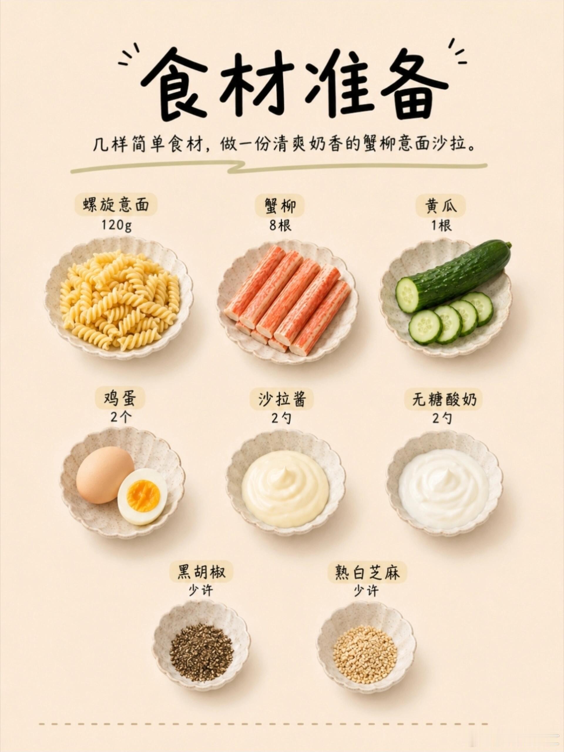 蟹柳意面沙拉，我一个人能干掉一大碗！蟹柳意面沙拉很适合早上吃，清爽但不会寡淡。螺
