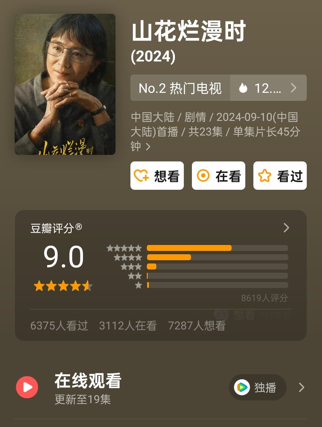 #山花烂漫时豆瓣开分9.0# 宋佳《山花烂漫时》豆瓣开分9.0，本年度最高分剧集