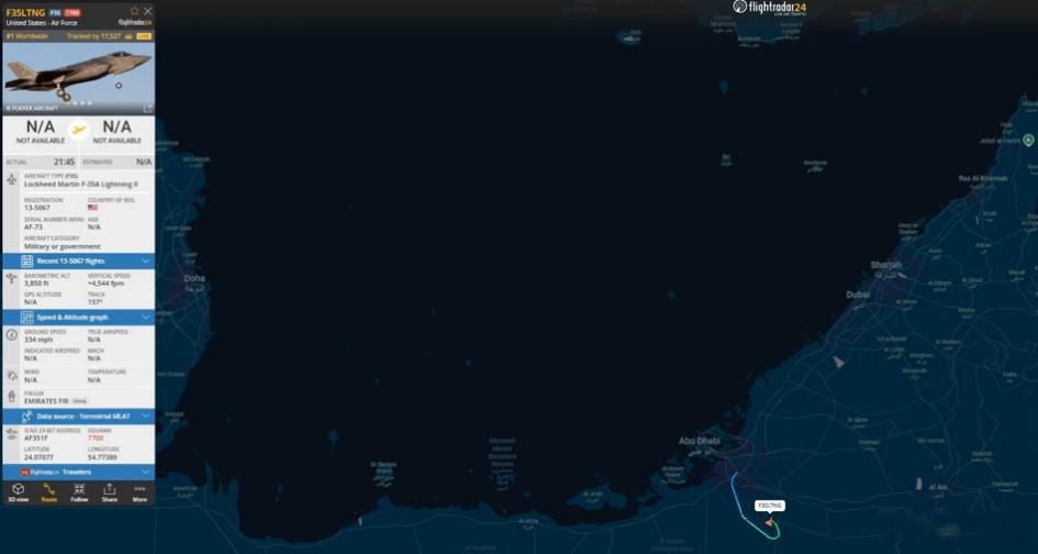 一架美国空军F-35A战斗机在阿联酋上空发出7700信号，这是通用紧急代码。77