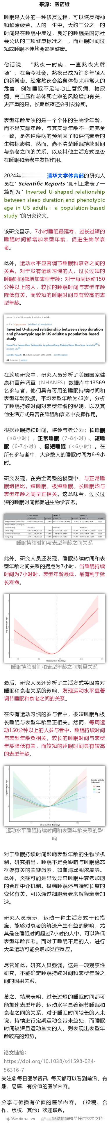 清华大学研究发现，7小时睡眠最延寿，睡多睡少都加速衰老2024年3月15日，清华