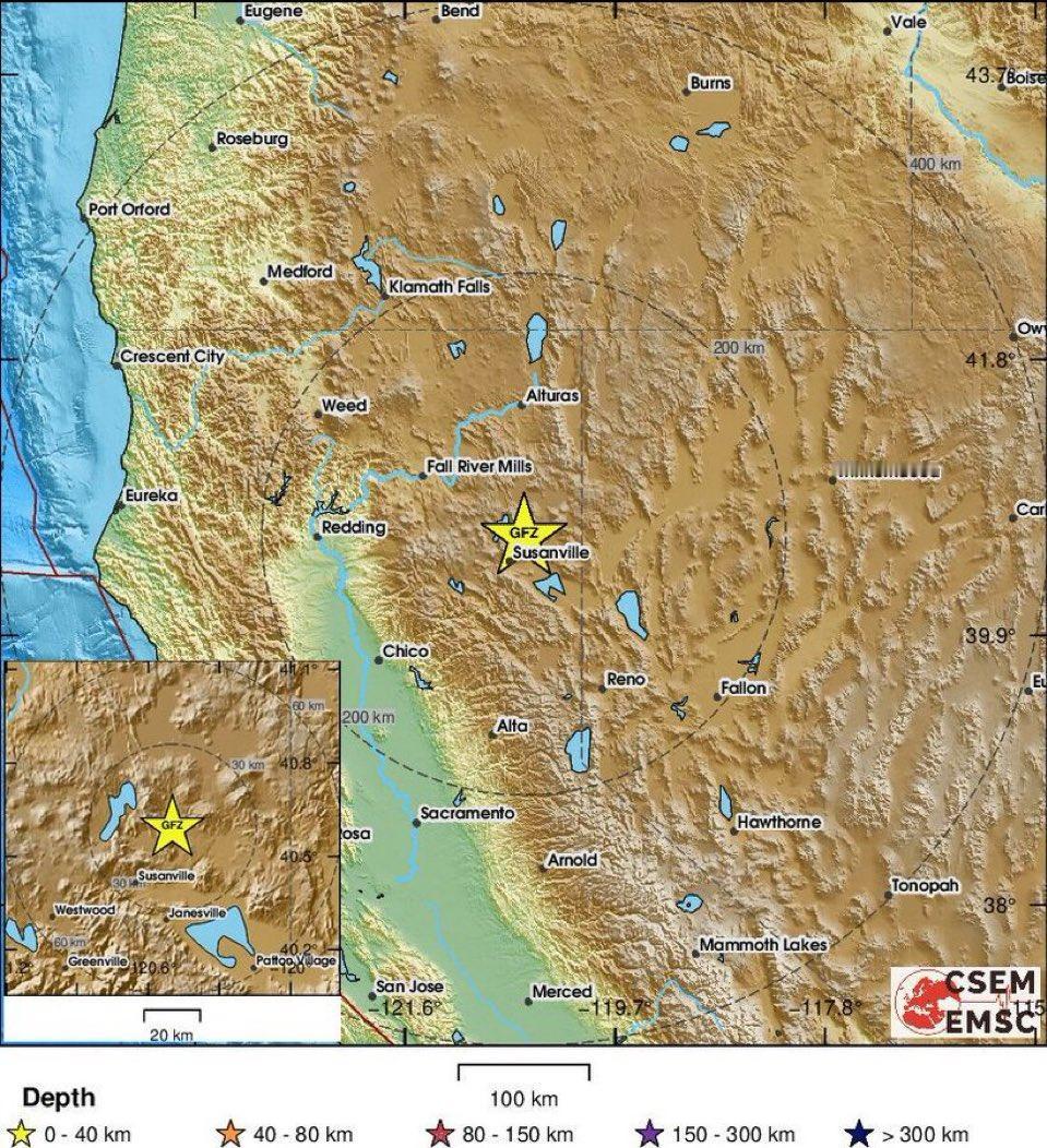 新闻快讯——美国加利福尼亚州苏珊维尔附近发生5.3级地震，震感明显。——美国地质