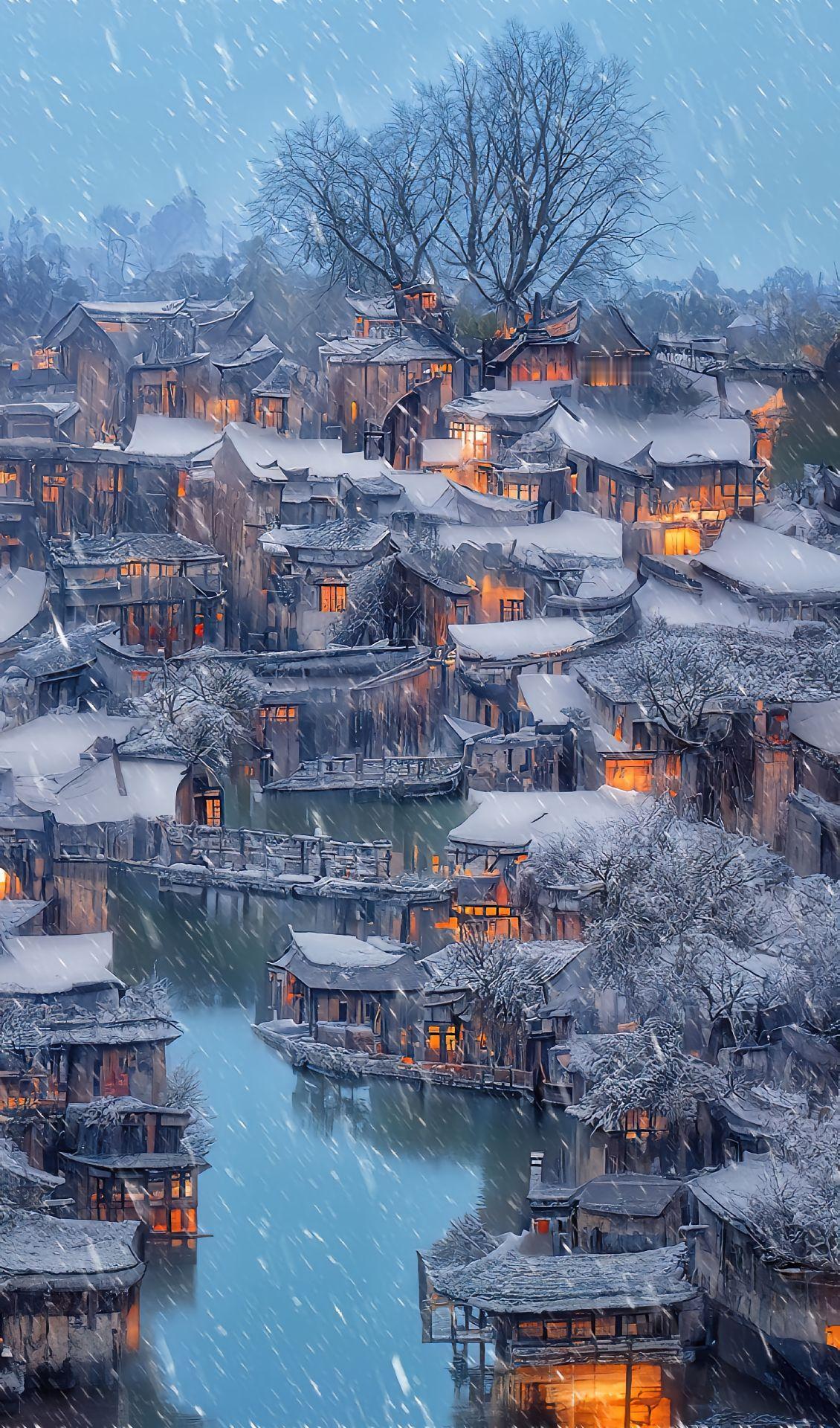 白墙黑瓦，层层叠叠，错落有致，与艳丽的塔川雪景相互交融，不聒不噪，美得刚刚好。河