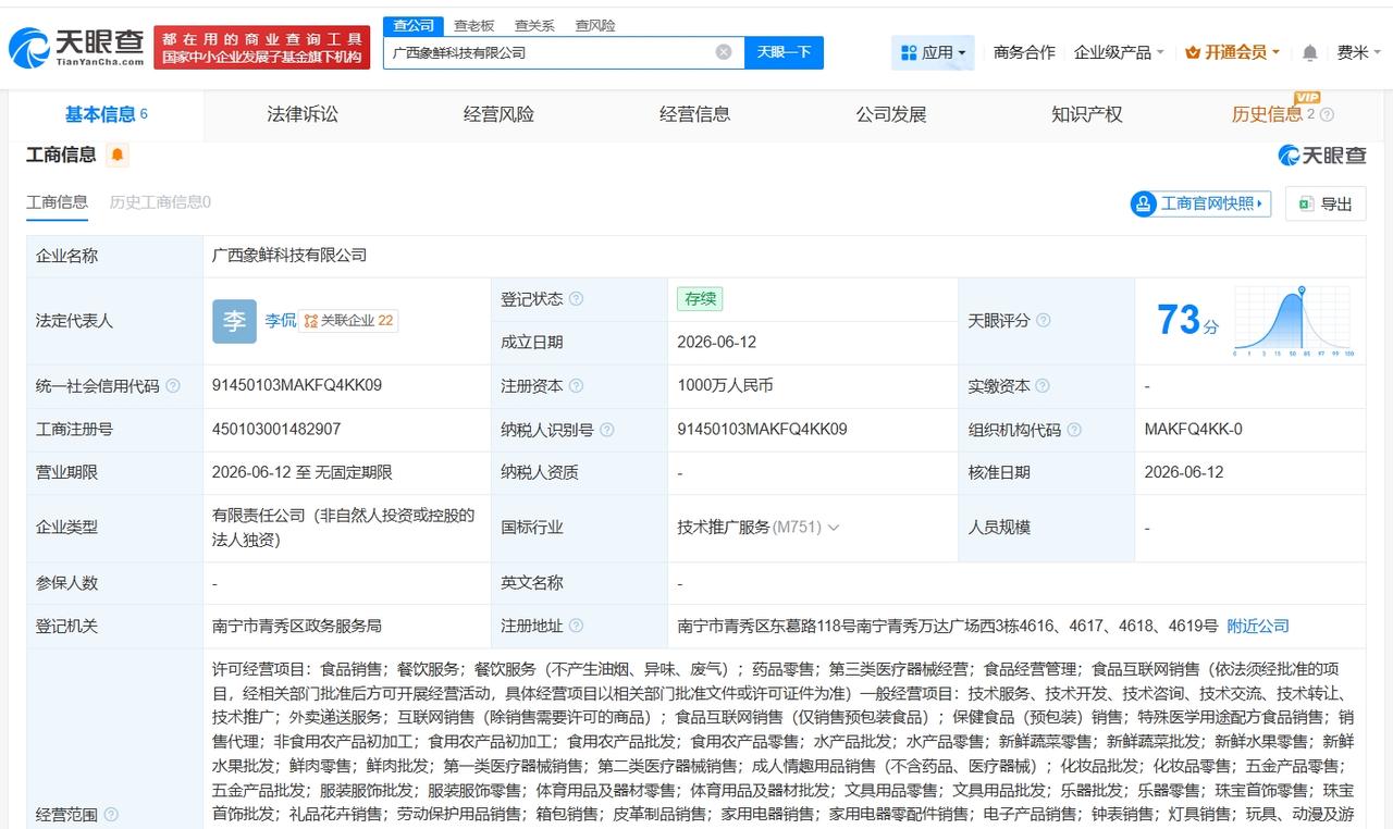 小象超市在广西成立新科技公司 注册资本1000万
天眼查App显示，近日，广西象