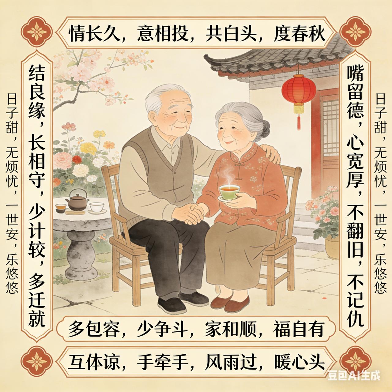 老人言·婚姻道
 
结良缘，长相守，
少计较，多迁就。
嘴留德，心宽厚，
不翻旧