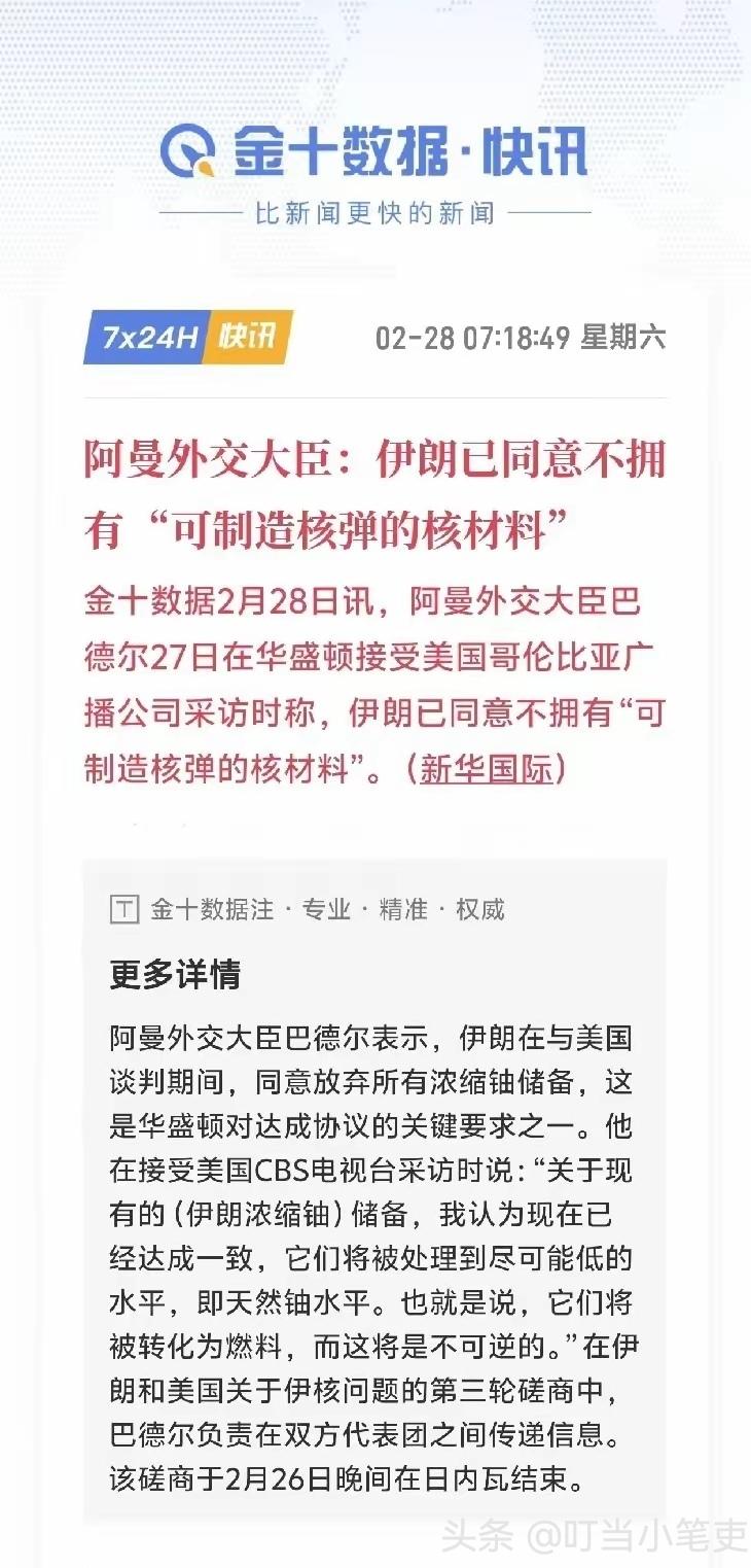 “伊朗已同意不拥有可制造核弹的核材料”，阿曼外交大臣在接受美国媒体采访时表示。