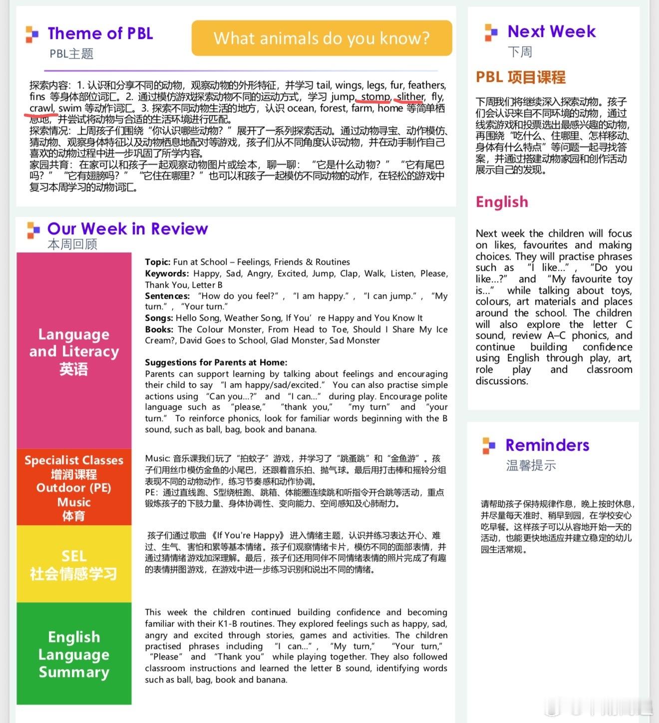 学校教和在家教的区别还是蛮大的 人还是要上学！就看他们周报的这几个动词 我在家肯