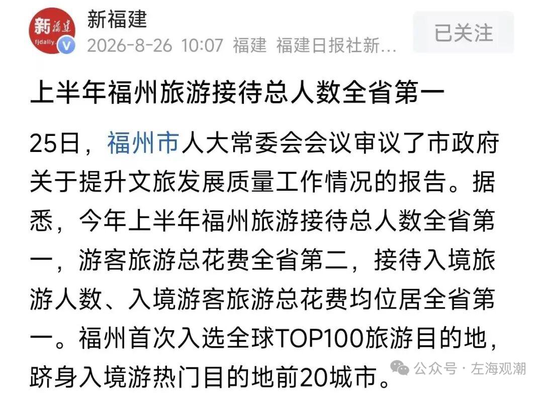如何看待福州游客量全省第一，旅游收入却排第二？

最新的文旅数据出炉，上半年福州