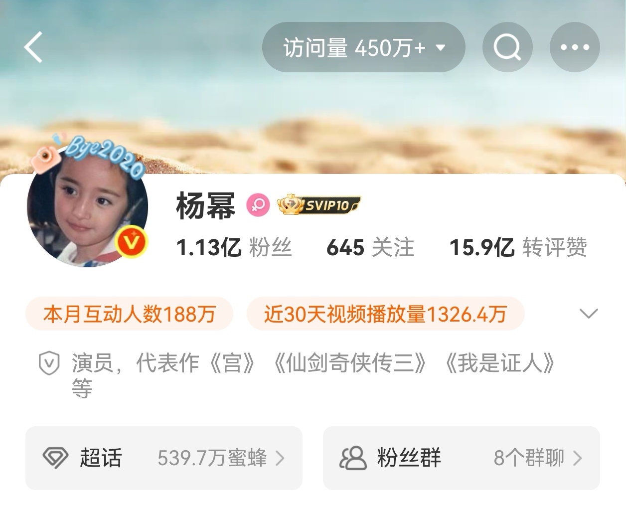 杨幂 微博主页访问量450万+，微指3亿+，百指近4万！杨幂过生日的热度简直恐怖