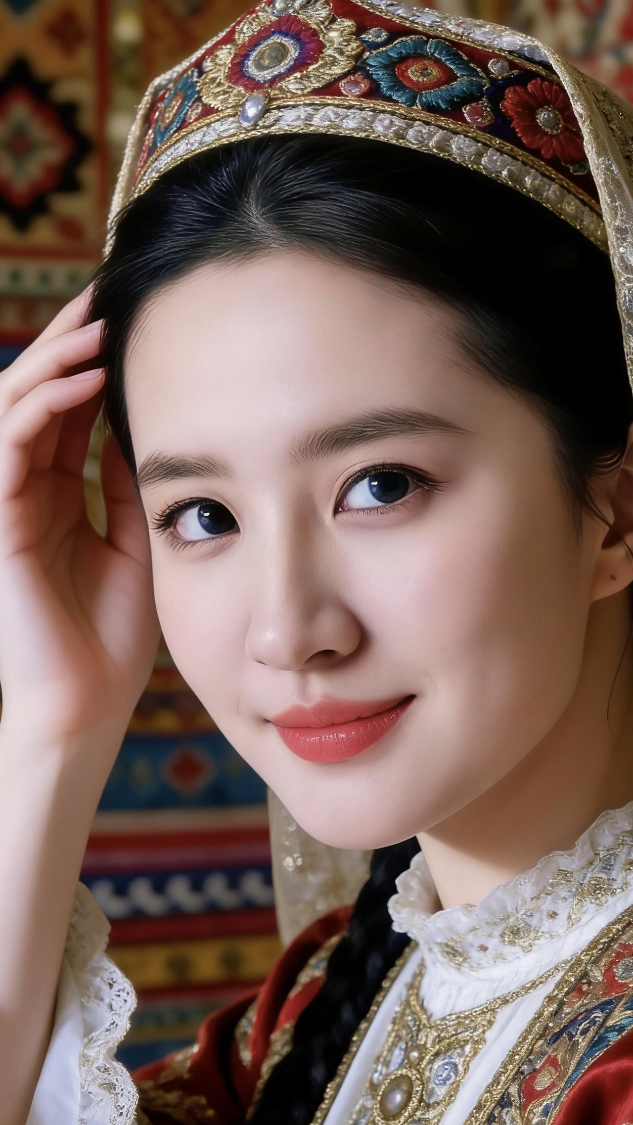 我抬手扶稳头顶的花帽，指尖蹭过帽檐嵌着的彩珠与金绣。这是维吾尔族姑娘的“朵帕”，
