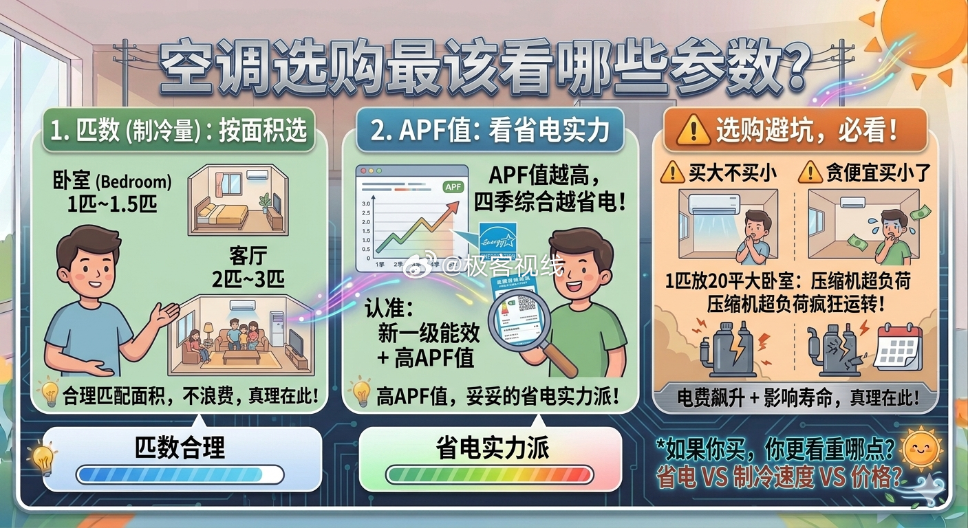 空调选购最该看哪些参数夏天续命全靠它！但面对五花八门、天书一样的空调参数：匹数、