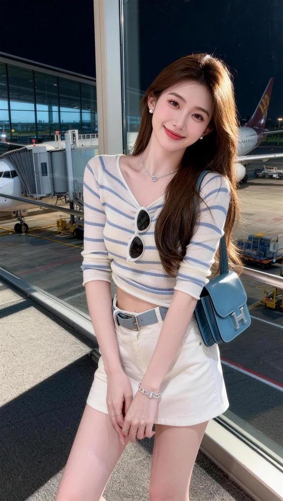 温柔的蓝色套装条纹t恤短裤 白色上衣搭配牛仔短裤 夏日宝藏女孩穿搭 一眼心动的夏