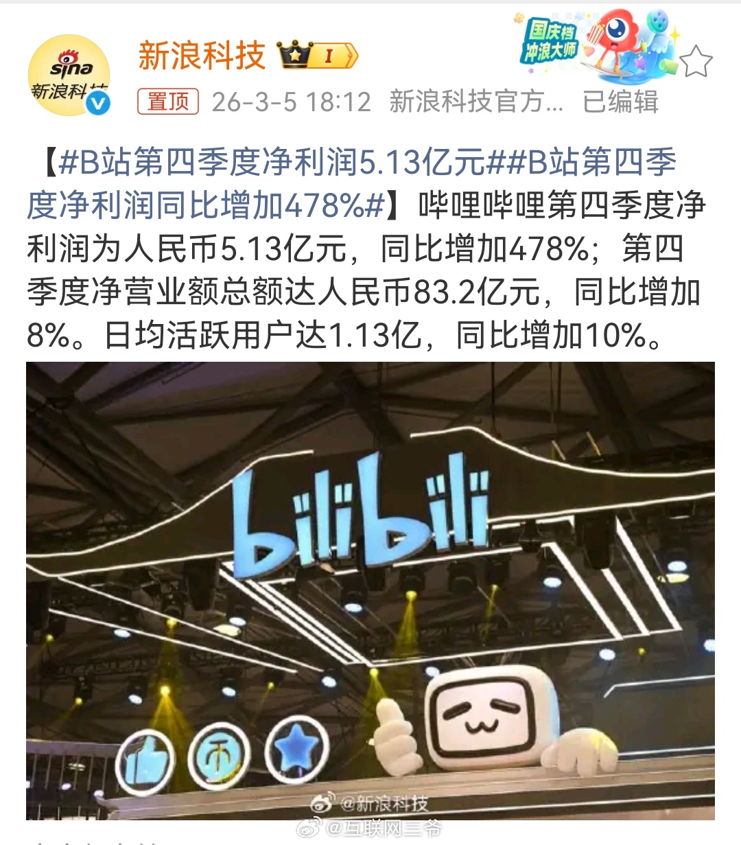 B站第四季度净利润同比增加478%B站实现全年盈利今天B站发布25年第四季度及全