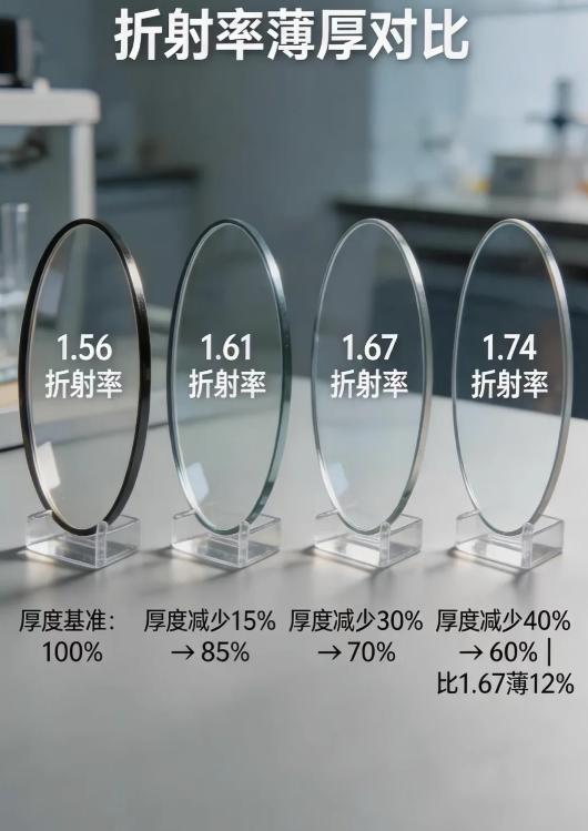 不同折射率镜片，厚度差多少？
图中数据为同度数、同镜框下的理论对比。实际厚度还会