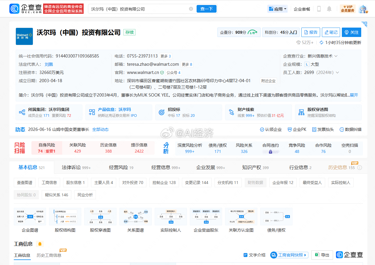 山姆中国变更董事长（个人决定先不续费 观察一下）6月16日，企查查App显示，沃