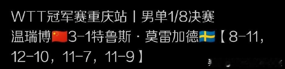 WTT重庆冠军赛的赛场上，男单1/8争夺战的比拼一上来就打出了火爆的场面，也爆出