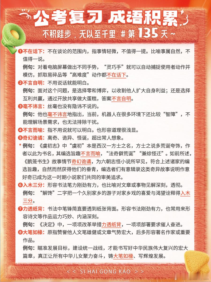 成语积累第135天不在话下 不言自明 毫不讳言 不言而喻奇幻诡谲 入木三分 力透
