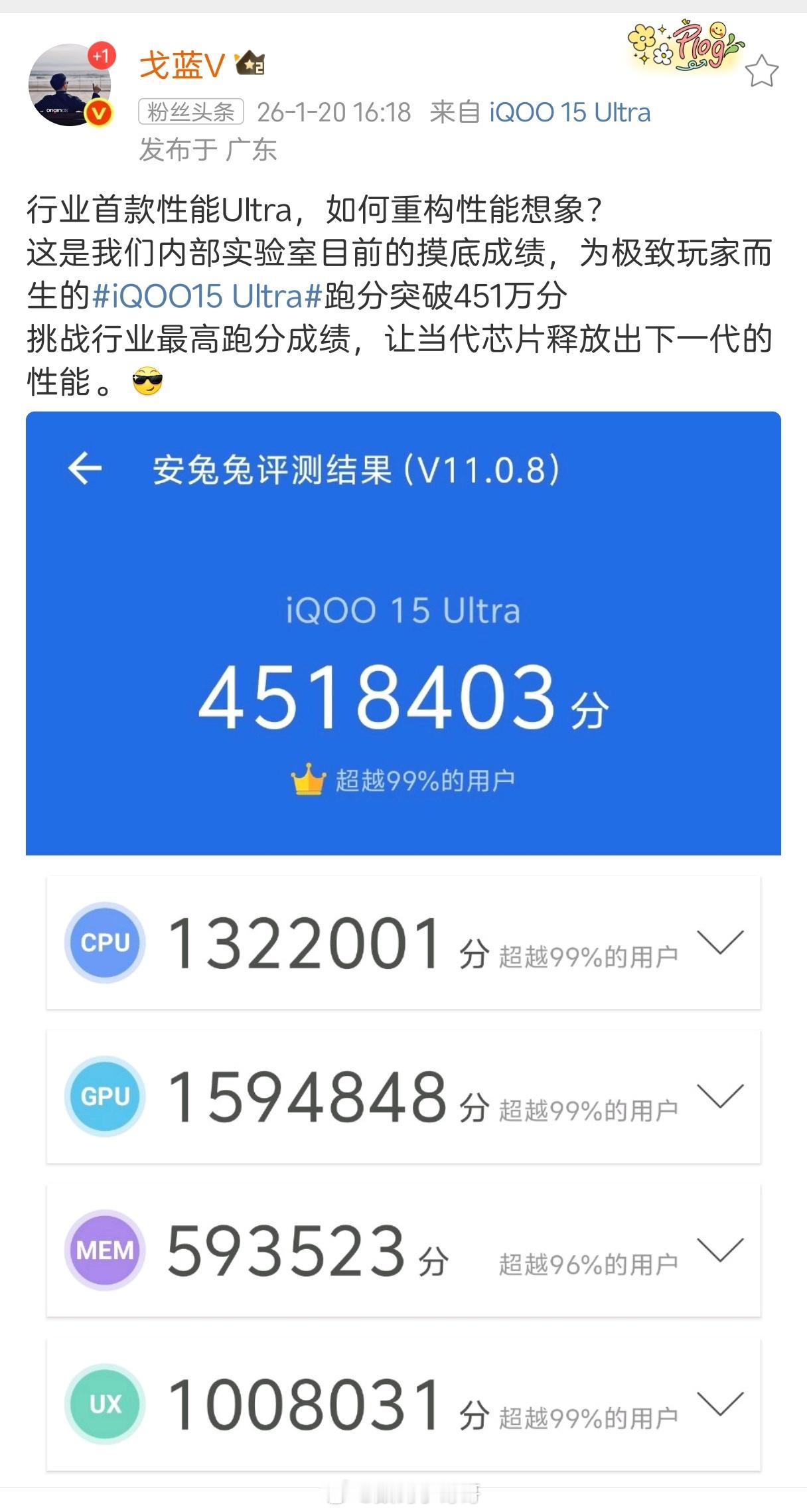 戈蓝V公布了iQOO 15 Ultra的跑分成绩，超451万分，新机还有风扇加持