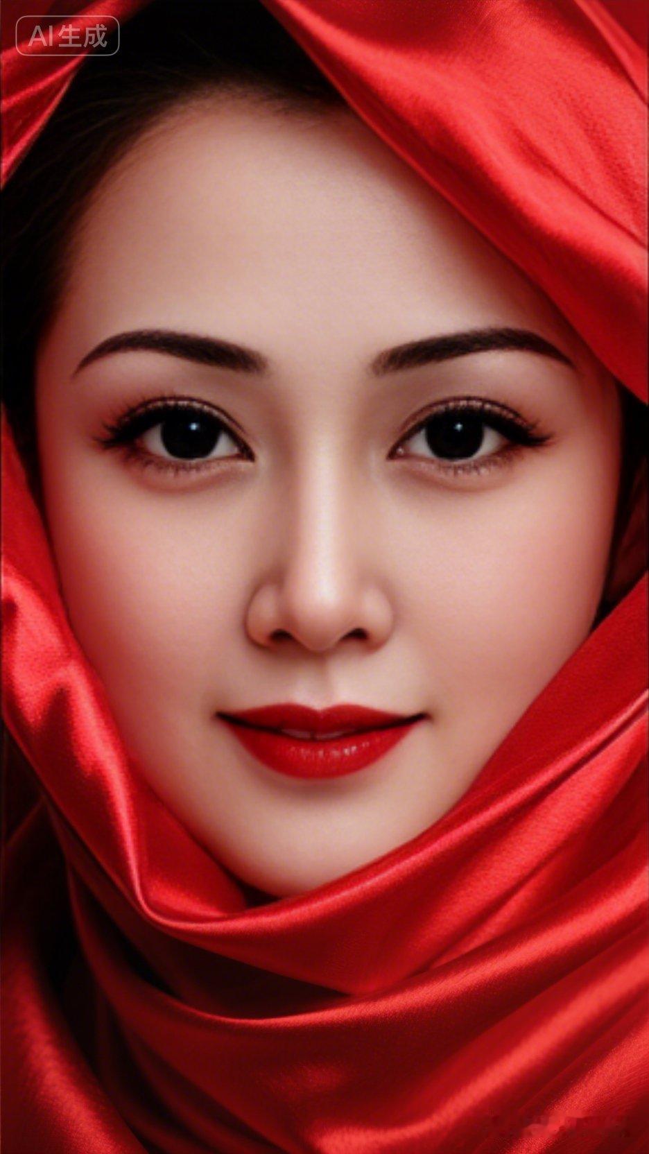 惊艳的红唇与丝滑的红色头巾，尽显东方女性的优雅与神秘。