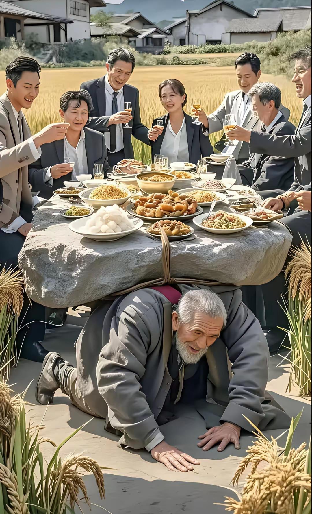 画面有点残酷！或许他的寓意有两种解释，第一种解释：老父亲虽然匍匐在地，却撑起了整