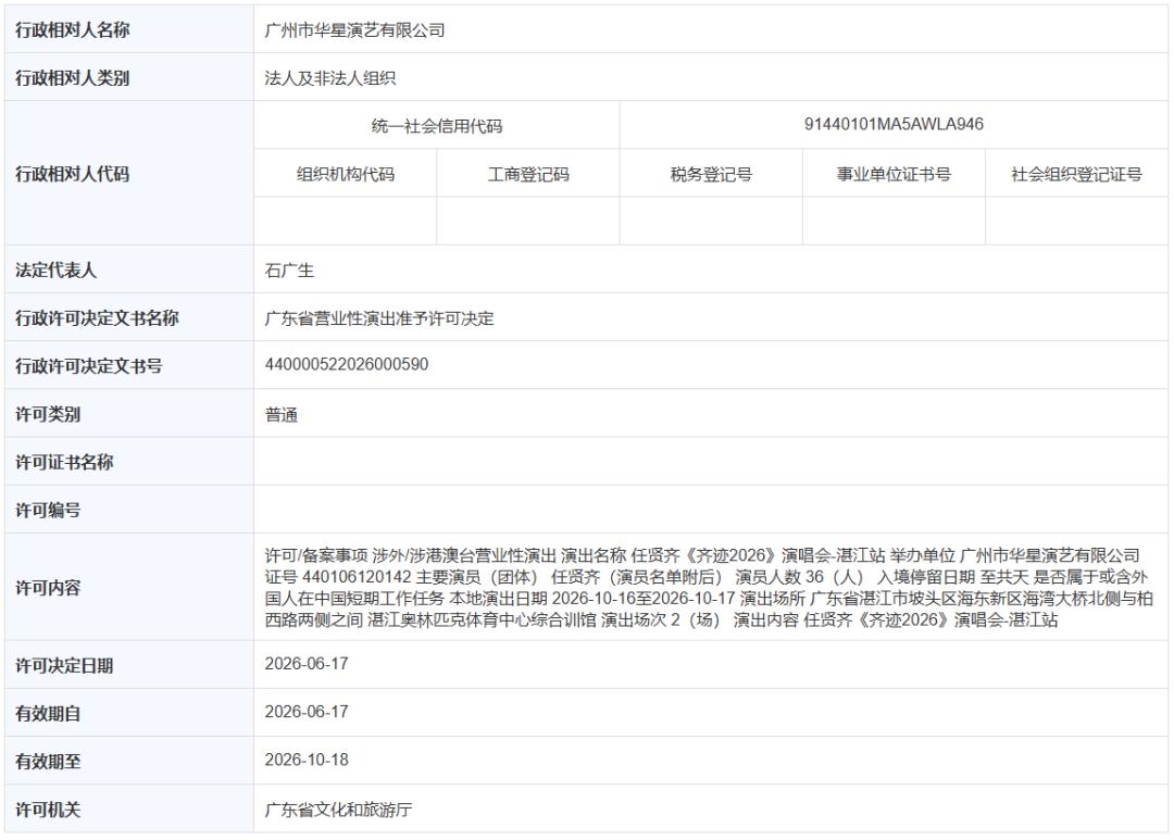 官宣定档！任贤齐演唱会《齐迹2026》湛江站审批通过，在湛江唱足两晚！“你总是心