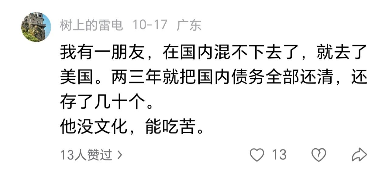 我有一朋友，在国内混不下去了，就去了美国。两三年就把国内债务全部还清，还存了几十