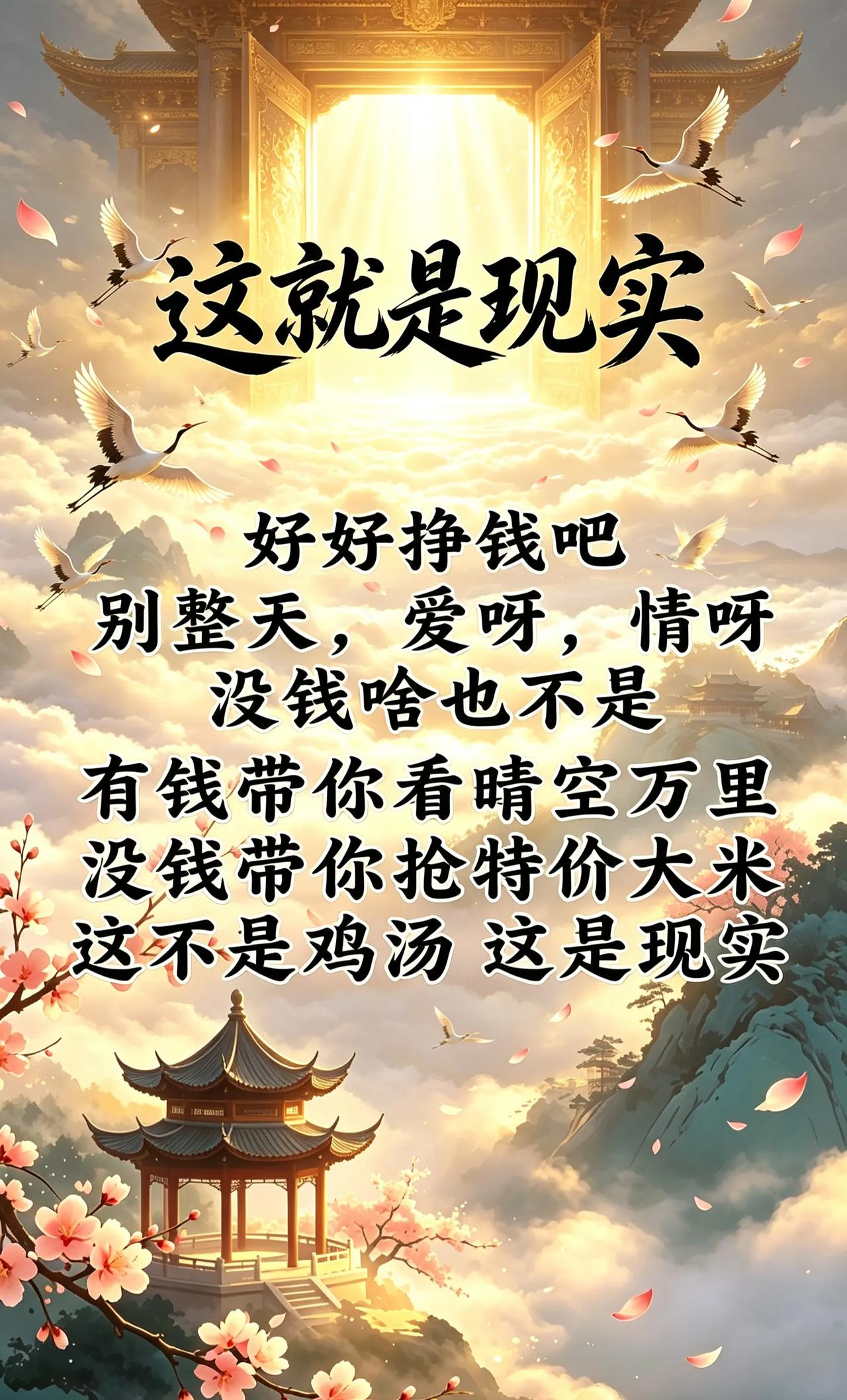 现实的人生至理名言：
没钱处处看人脸色，
有钱身边全是笑脸。
