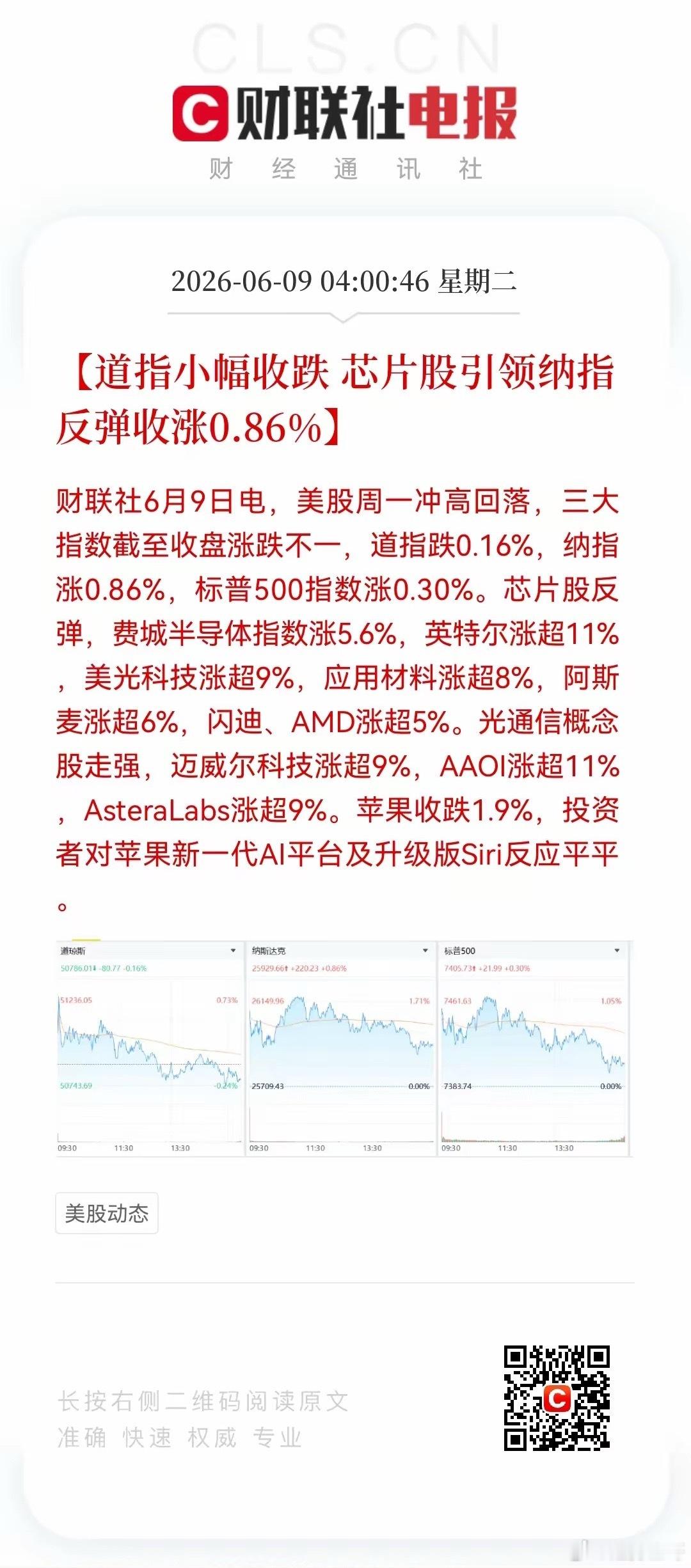 好消息，周二股市利好消息来了！利好消息如下：利好消息一：美股芯片板块大幅反弹，费