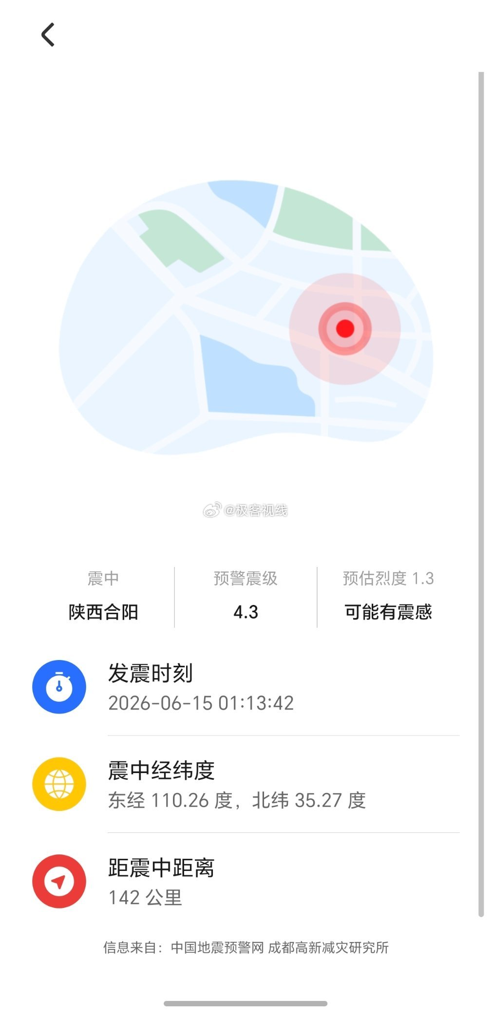 陕西地震 夜里最困的时候被手机通知叫醒，一看离震中142km，管不了那么多了，太