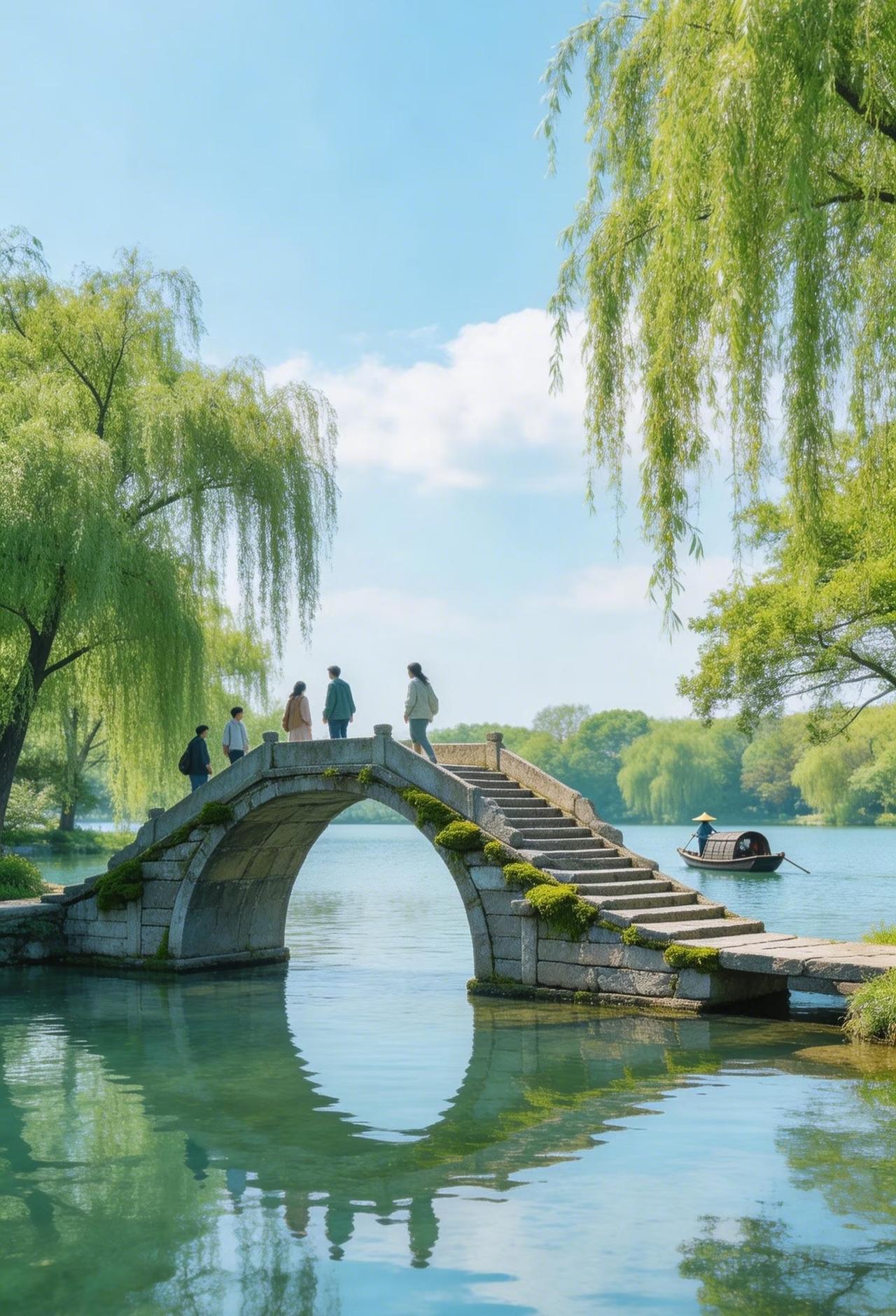 相册里最满意的照片拱桥横卧湖面，游人倚栏赏景，柳条垂绿随风轻舞。自然与人文相融，