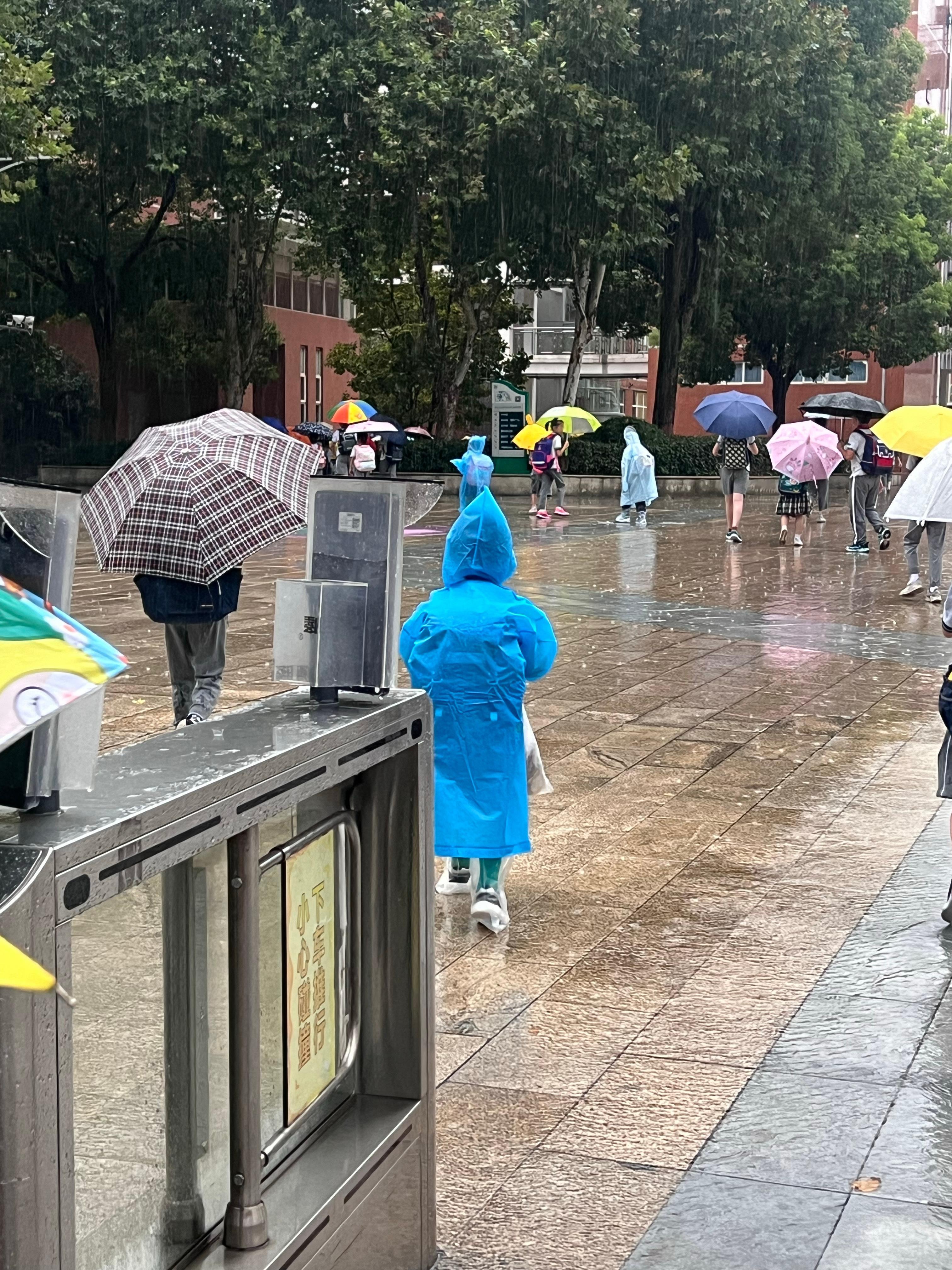 南京今天下大雨，要么还是我养娃全面呢，提前朋友帮忙备好的雨衣雨鞋派上用场了，突然