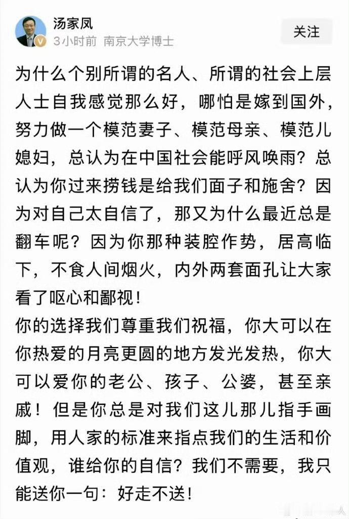 汤家凤老师说的那个嫁到国外做模范妻子、母亲、儿媳，却在国内捞钱并对我们指手画脚的