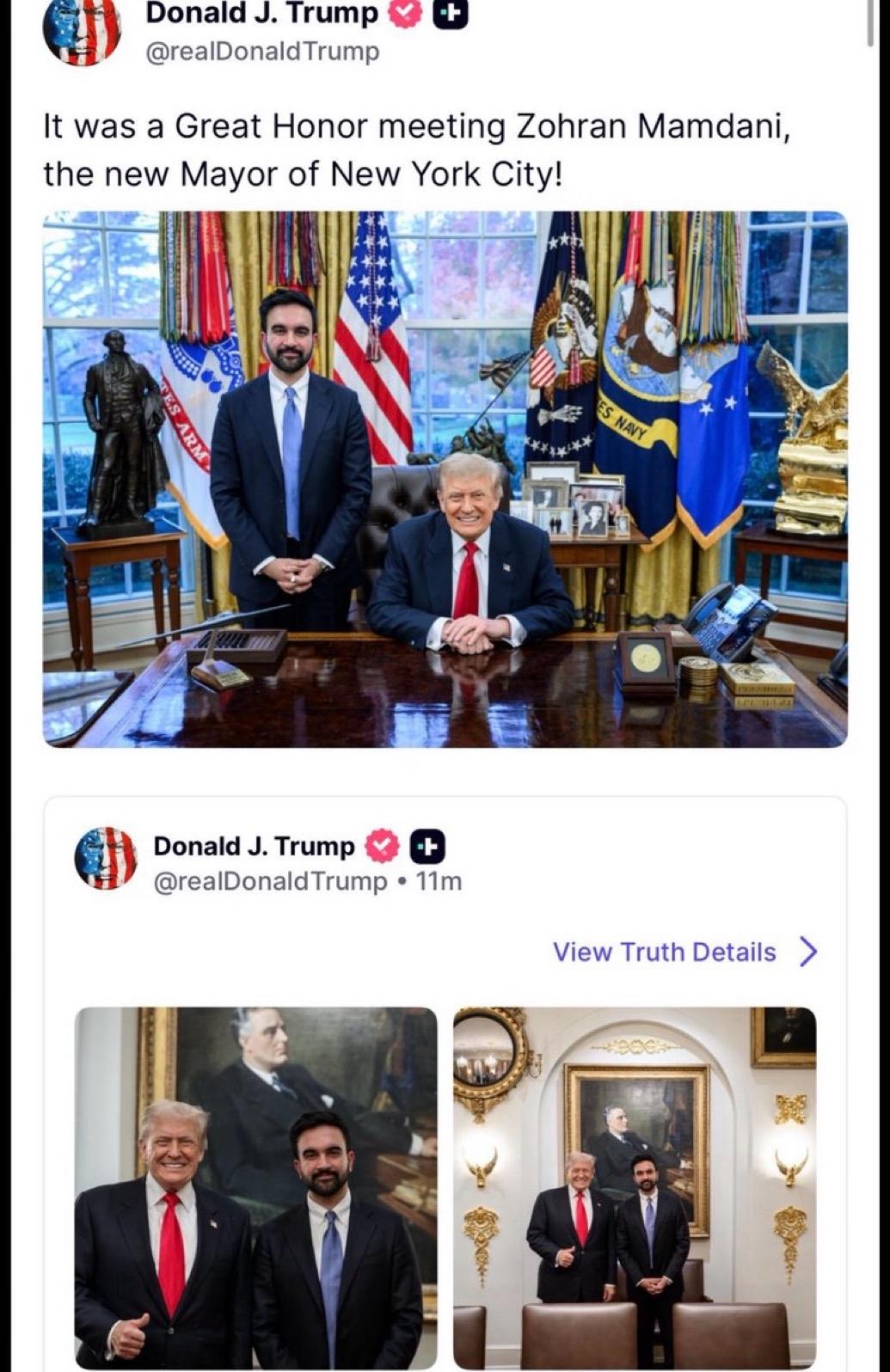 特朗普：非常荣幸与纽约市新的市长佐兰.马姆达尼会面。