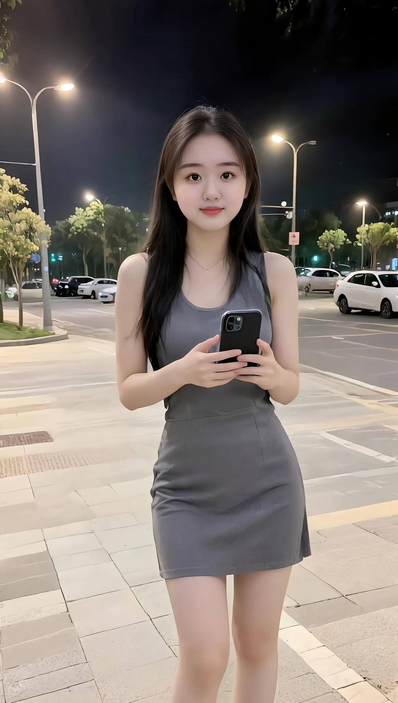 夜晚街拍，时尚连衣裙，手机自拍，都市风情