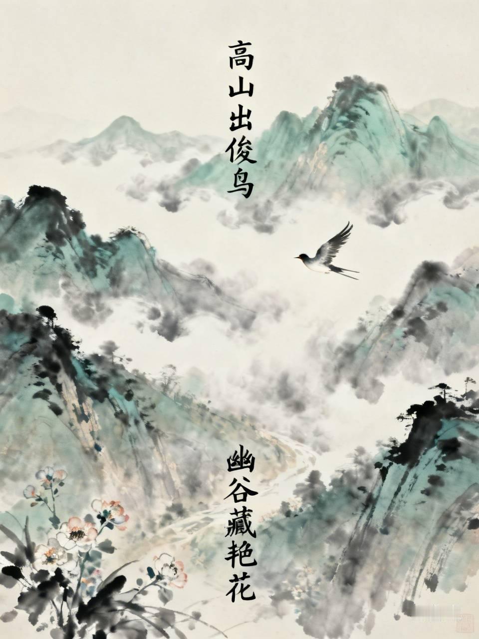 赏析：这幅对联中，下联“幽谷藏艳花”与上联“高山出俊鸟”相映成趣。高山与幽谷，一