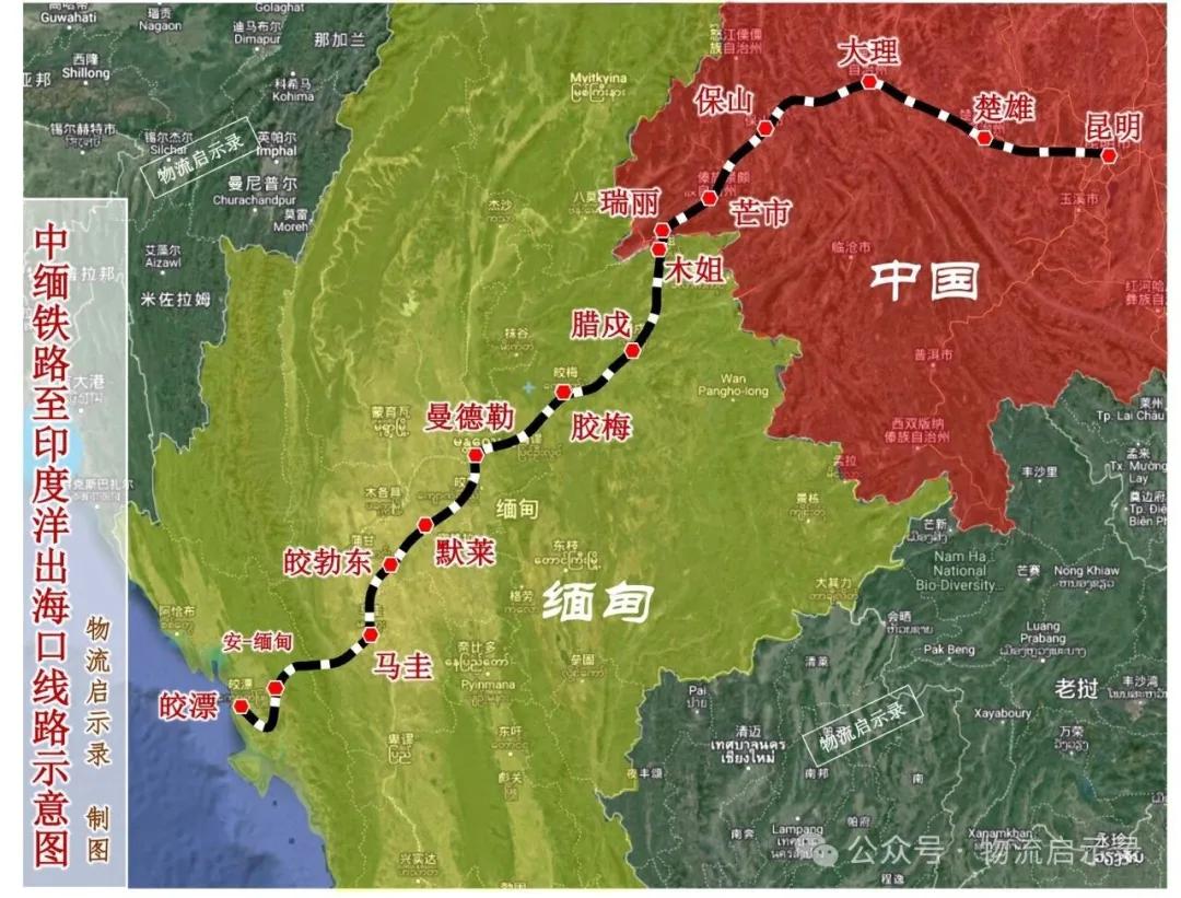 中缅铁路至印度洋出海口铁路示意图