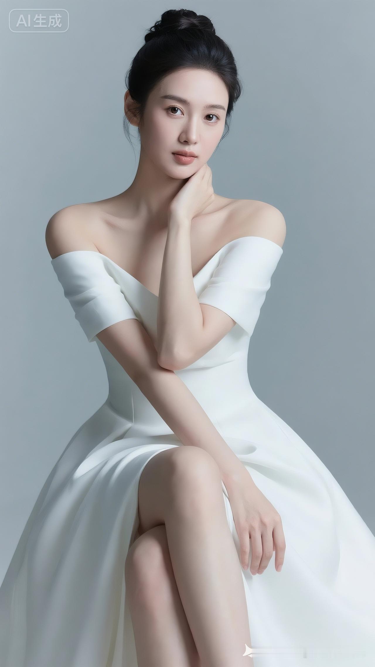 女子盘发着白色露肩礼服，丝滑质感与光影细腻可见。她手轻搭颈部、腿部交叉，坐姿优雅