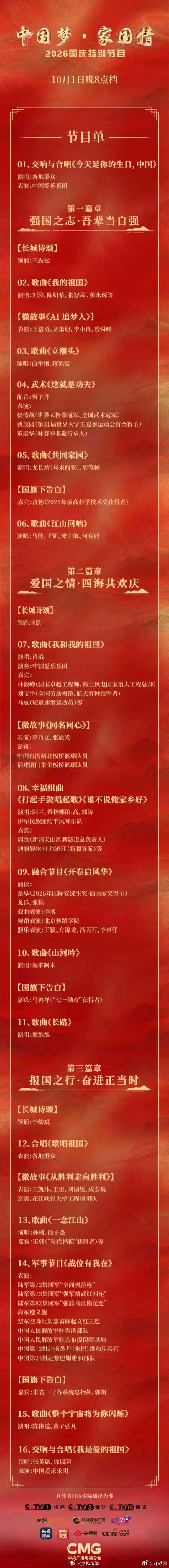 #2026央视国庆晚会#【转存！#央视国庆晚会完整版节目单#】诗颂长城，歌咏山河