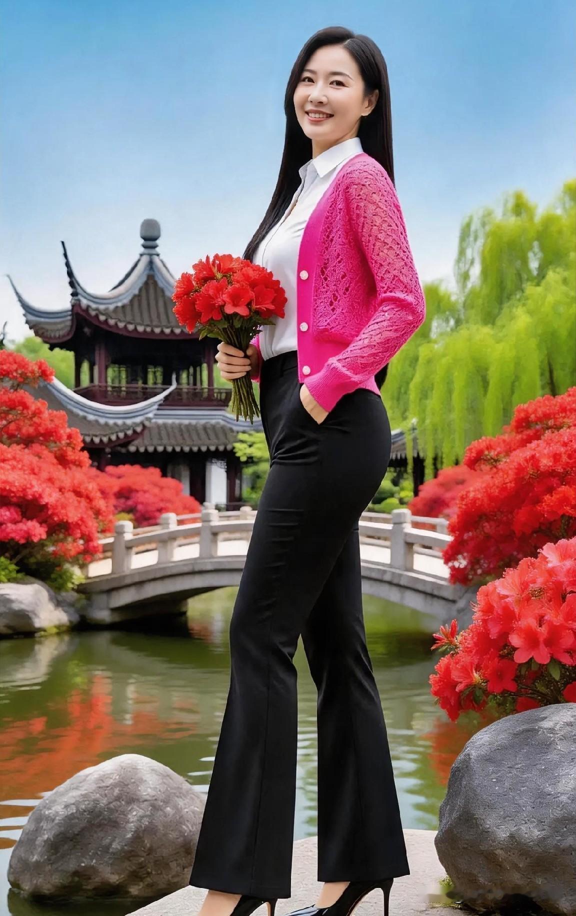 粉衫胜霞，黑裤修长。手捧春色，笑立画堂。亭桥柳岸，风送花香，温婉从容，尽展东方雅