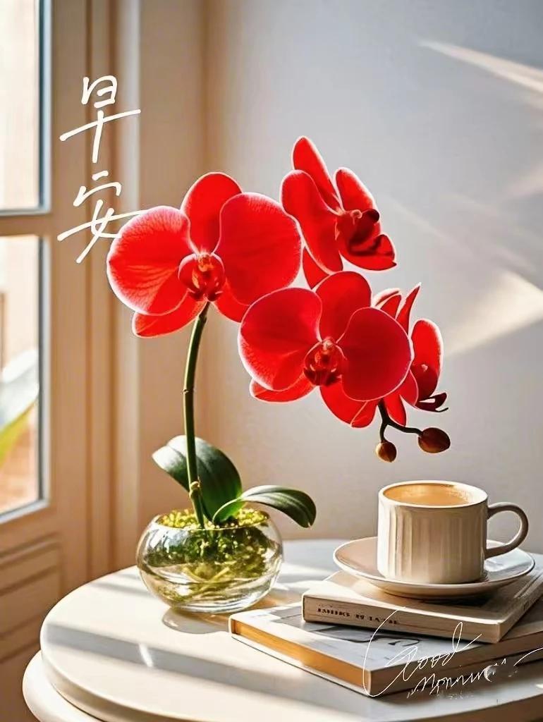 晒图笔记大赛 阳光洒进来的早晨，一束红艳艳的兰花和一杯热咖啡，唤醒美好的一天。在