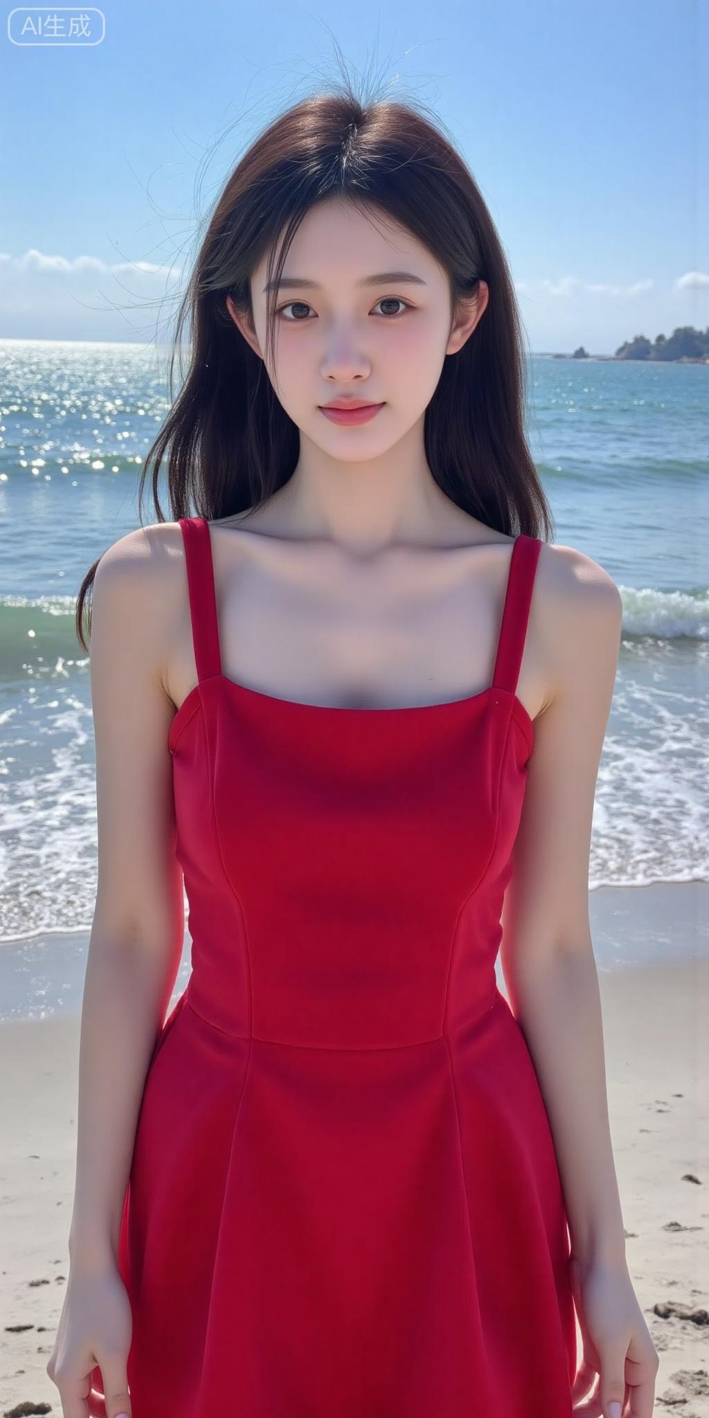海边的红裙氛围感美人
 
正红吊带裙衬得皮肤像浸了光，清爽又明艳~海风扬起的发丝
