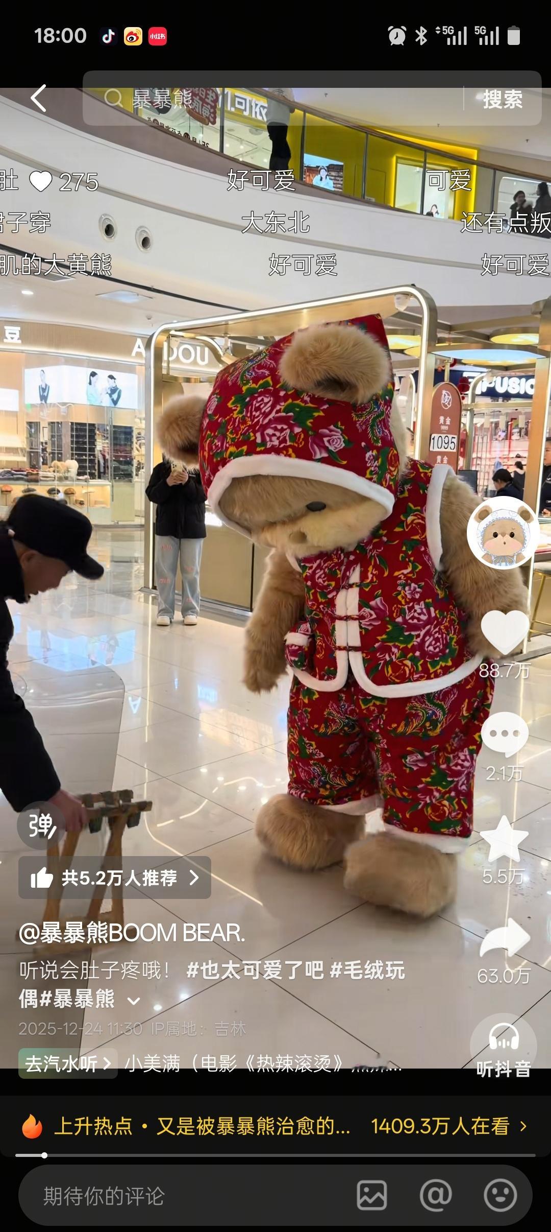 最近好喜欢看这只熊，好可爱的 