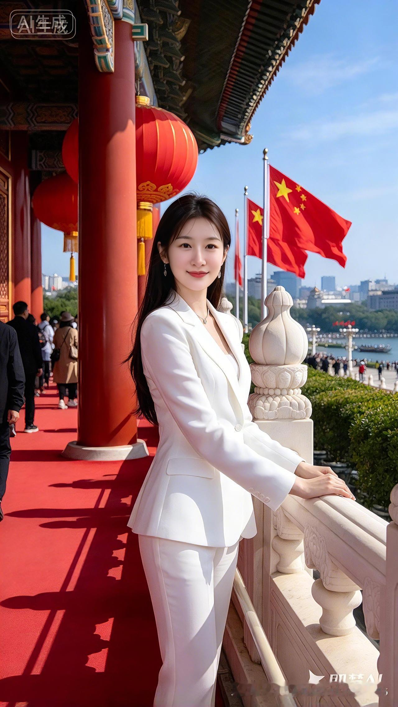 红墙与红旗相映，端庄雅致的气韵全然流露。
红墙衬得国旗猎猎高扬🇨🇳
素净西装