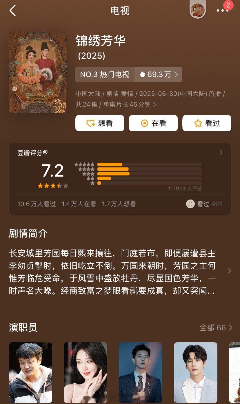 杨紫、李现《锦绣芳华》豆瓣开分7.2分，你们觉得高了还是低了？！[羞嗒嗒] ​​
